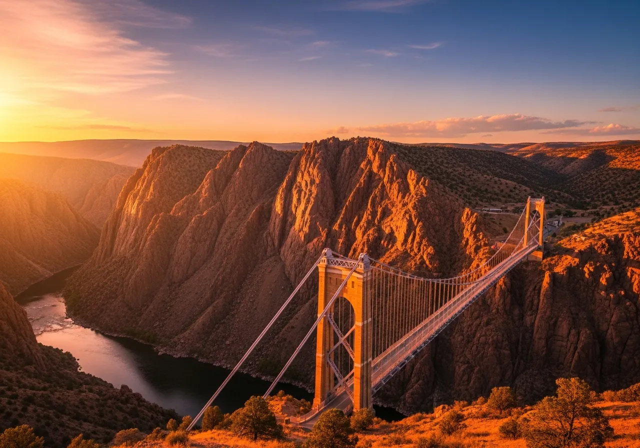 Royal Gorge Bridge at sunset under warm hazy skies