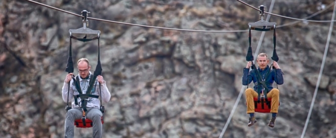 two males experiencing zip line at Royal Gorge Colorado Jeep Tours