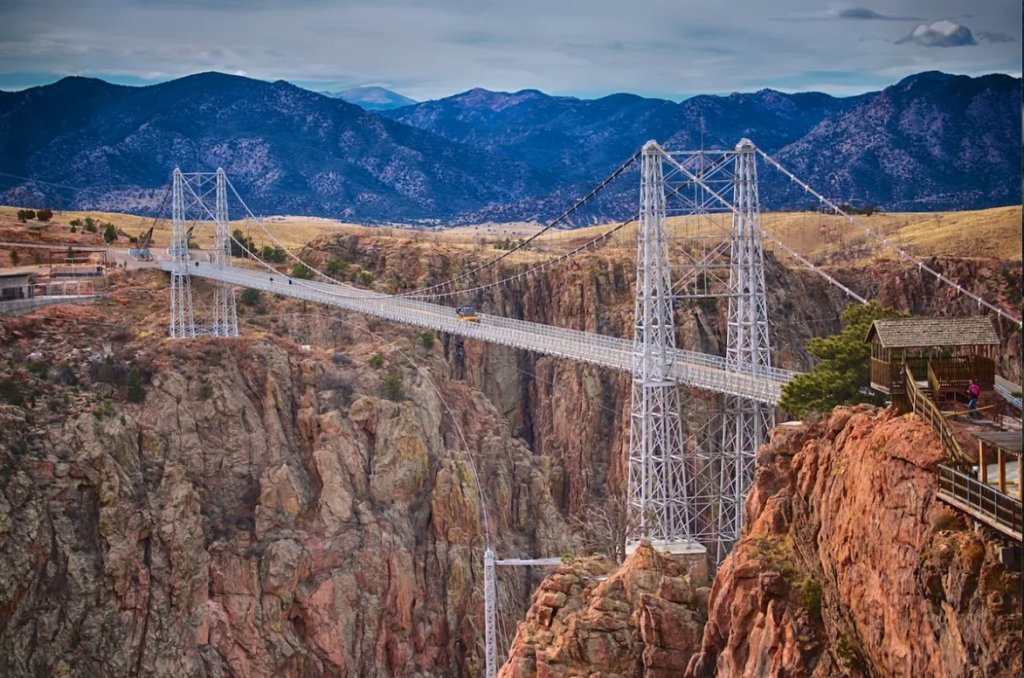 Jeep travels across the Royal Gorge Bridge in Canon City Colorado