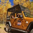 Colorado Jeep Tours guide waving from jeep with yellow leaves in background